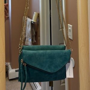 NWT Anthropologie Turquoise Suede Foldover Chain Crossbody Bag - 23” Drop